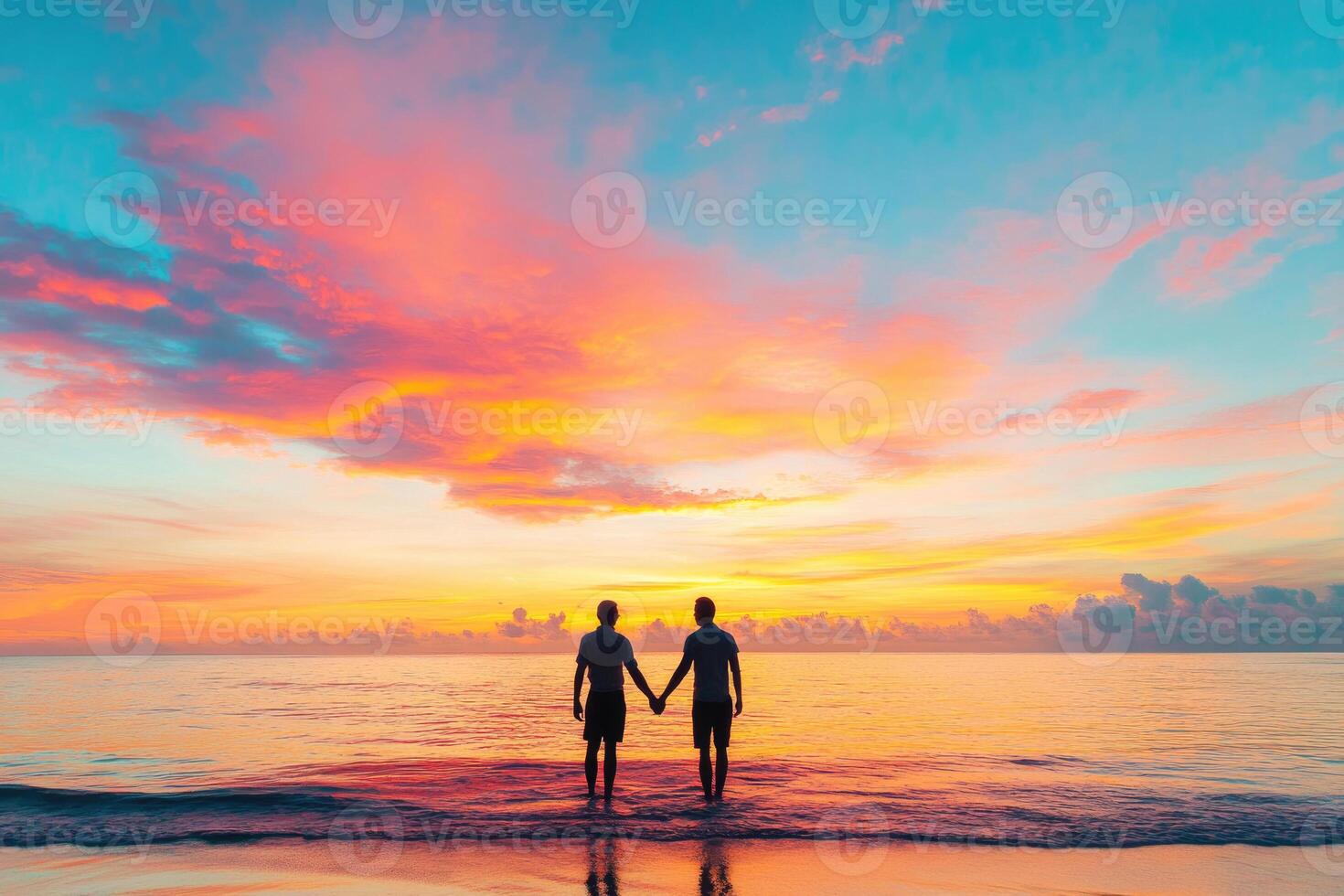 A couple holding hands at sunset with space for text. photo