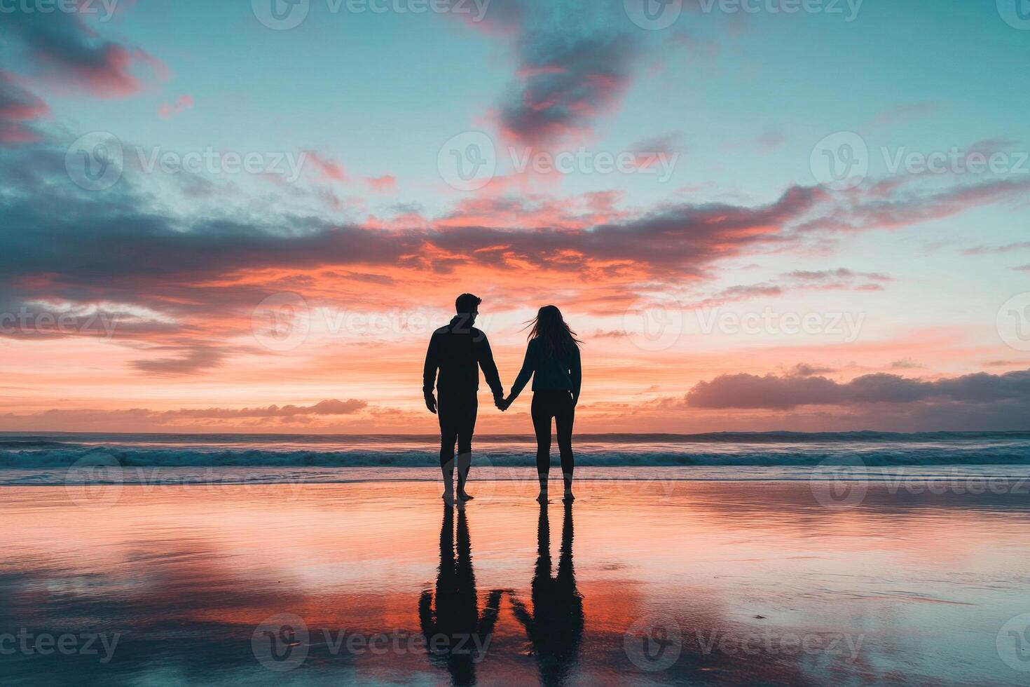 A couple holding hands at sunset with space for text. photo
