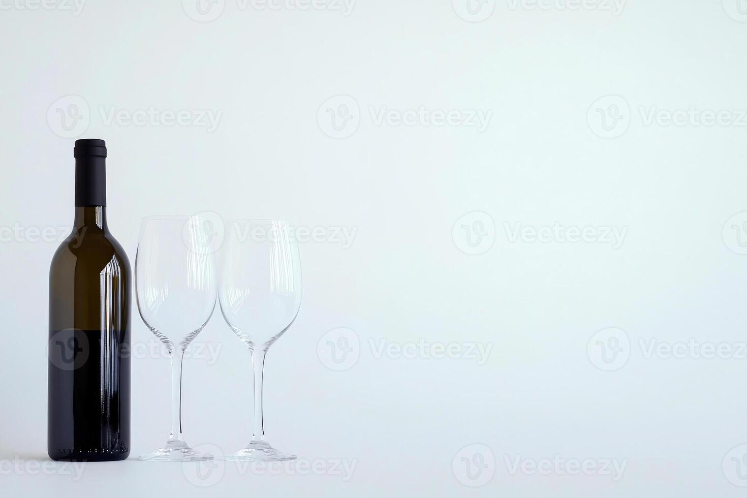 Wine glasses and an open bottle on a white background. photo