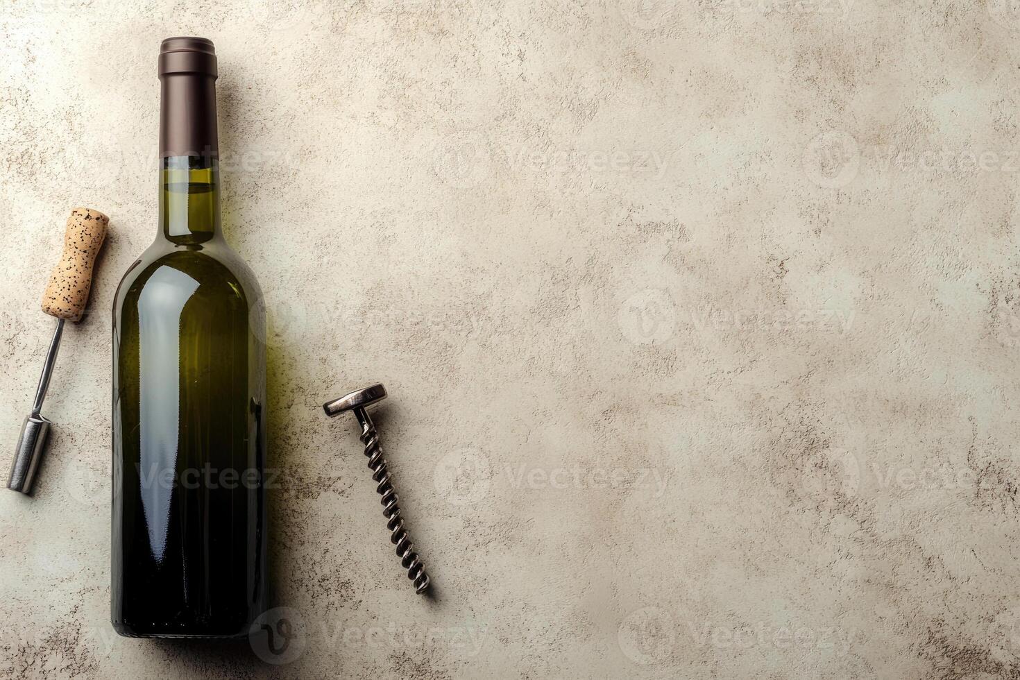 Wine bottle and corkscrew on a textured background with blank space. photo