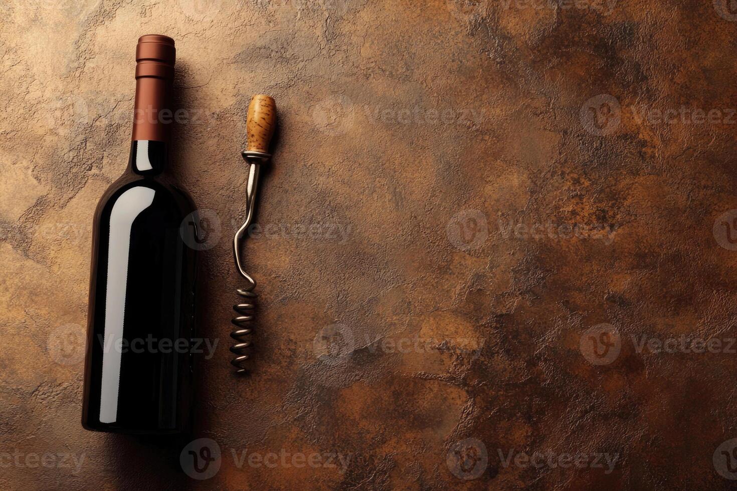 Wine bottle and corkscrew on a textured background with blank space. photo