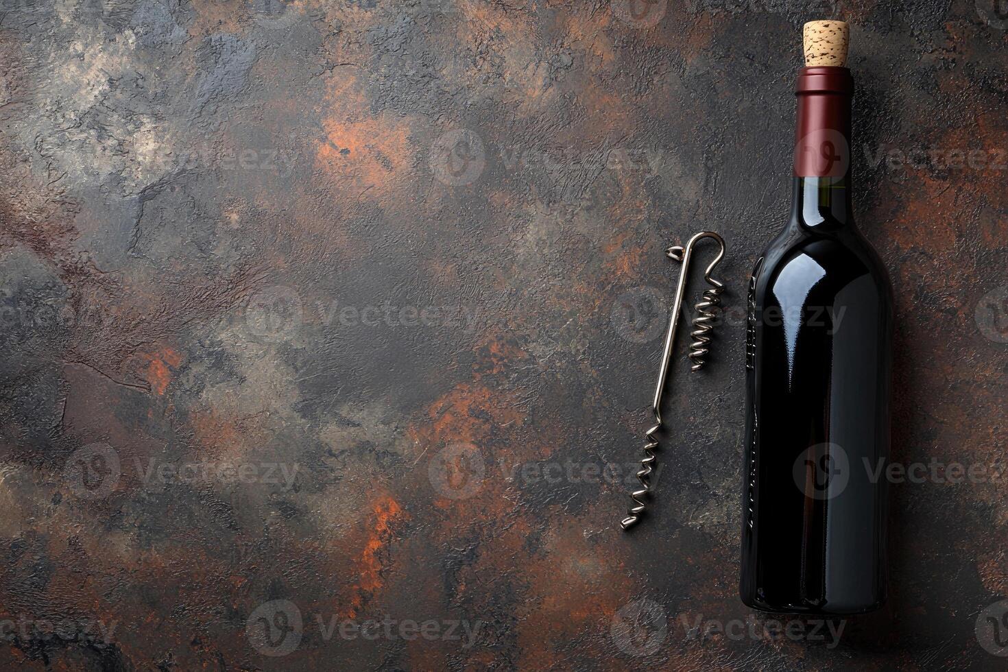 Wine bottle and corkscrew on a textured background with blank space. photo