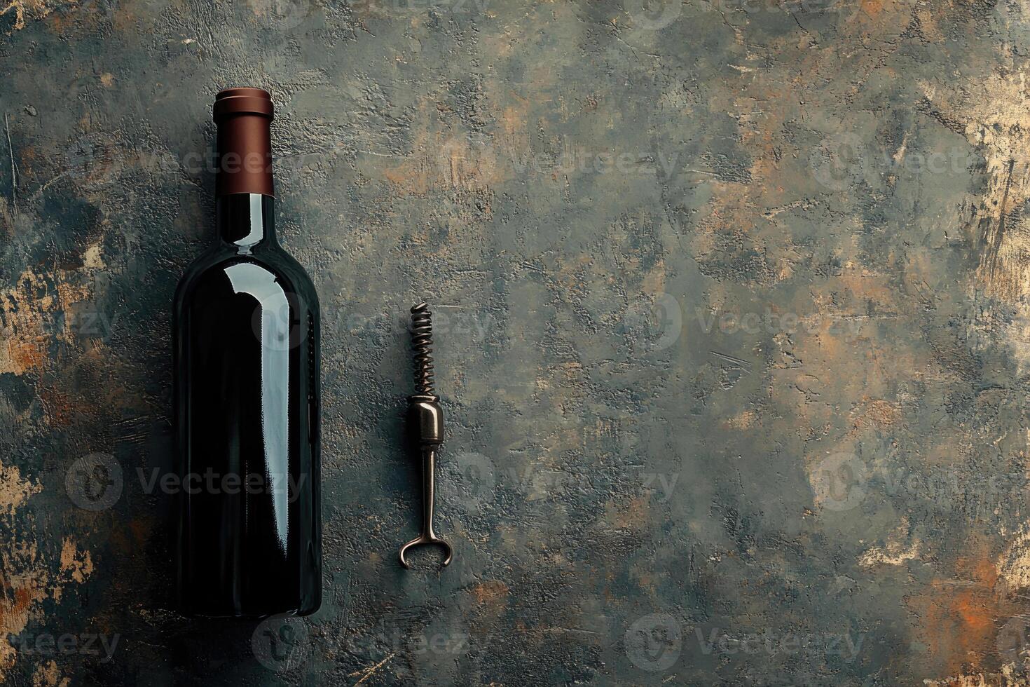 Wine bottle and corkscrew on a textured background with blank space. photo