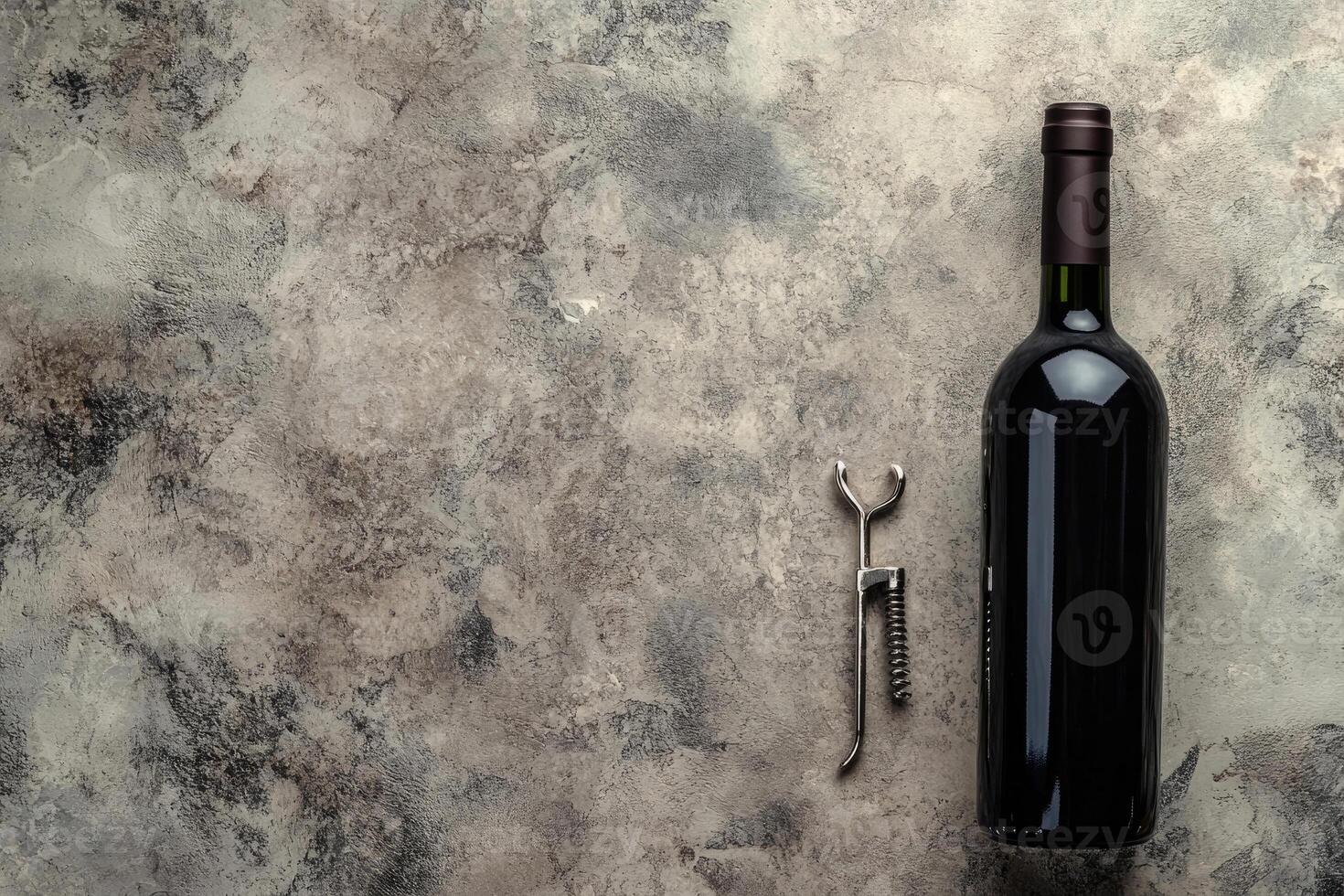 Wine bottle and corkscrew on a textured background with blank space. photo