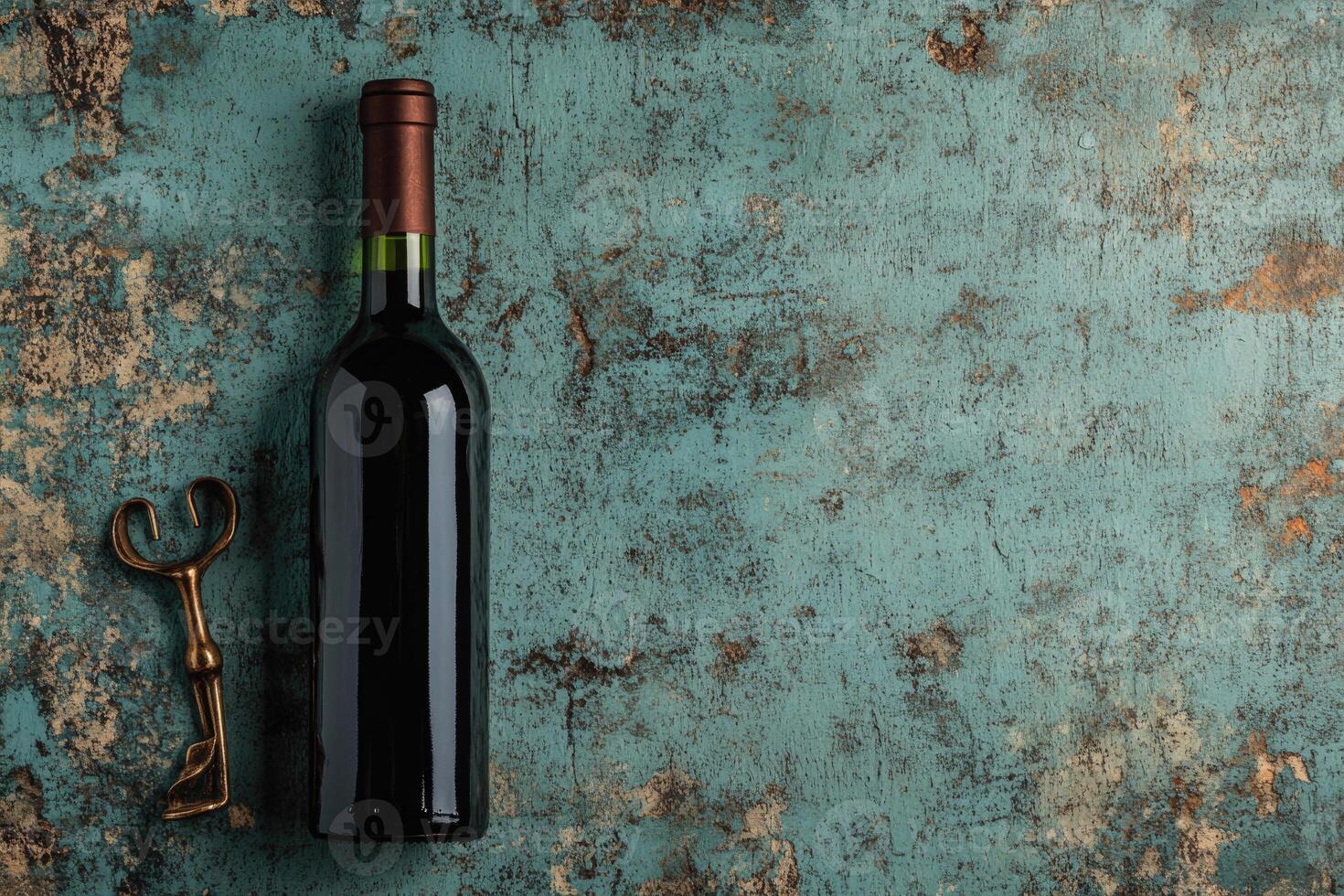 Wine bottle and corkscrew on a textured background with blank space. photo