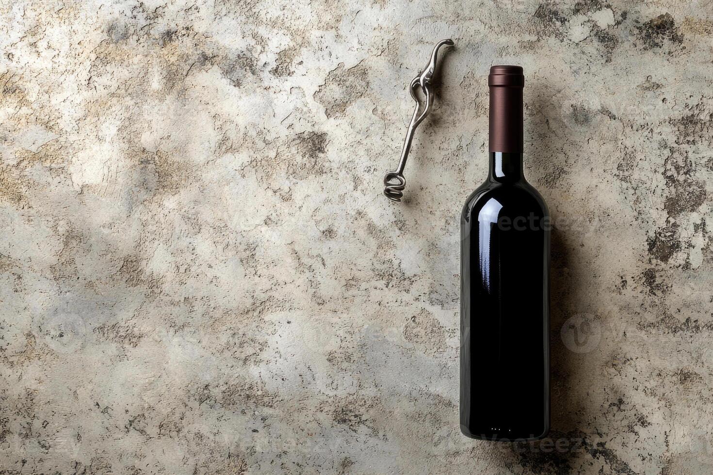 Wine bottle and corkscrew on a textured background with blank space. photo