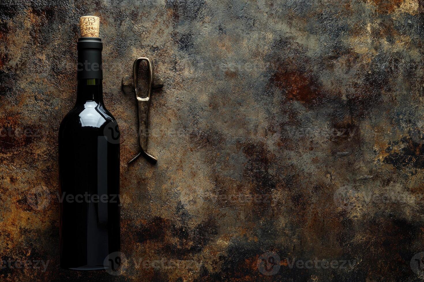 Wine bottle and corkscrew on a textured background with blank space. photo