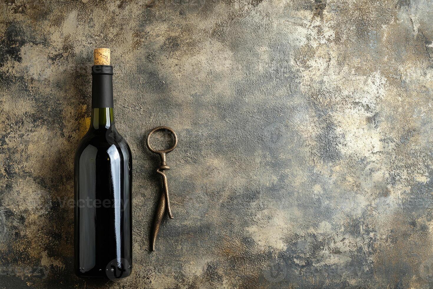 Wine bottle and corkscrew on a textured background with blank space. photo