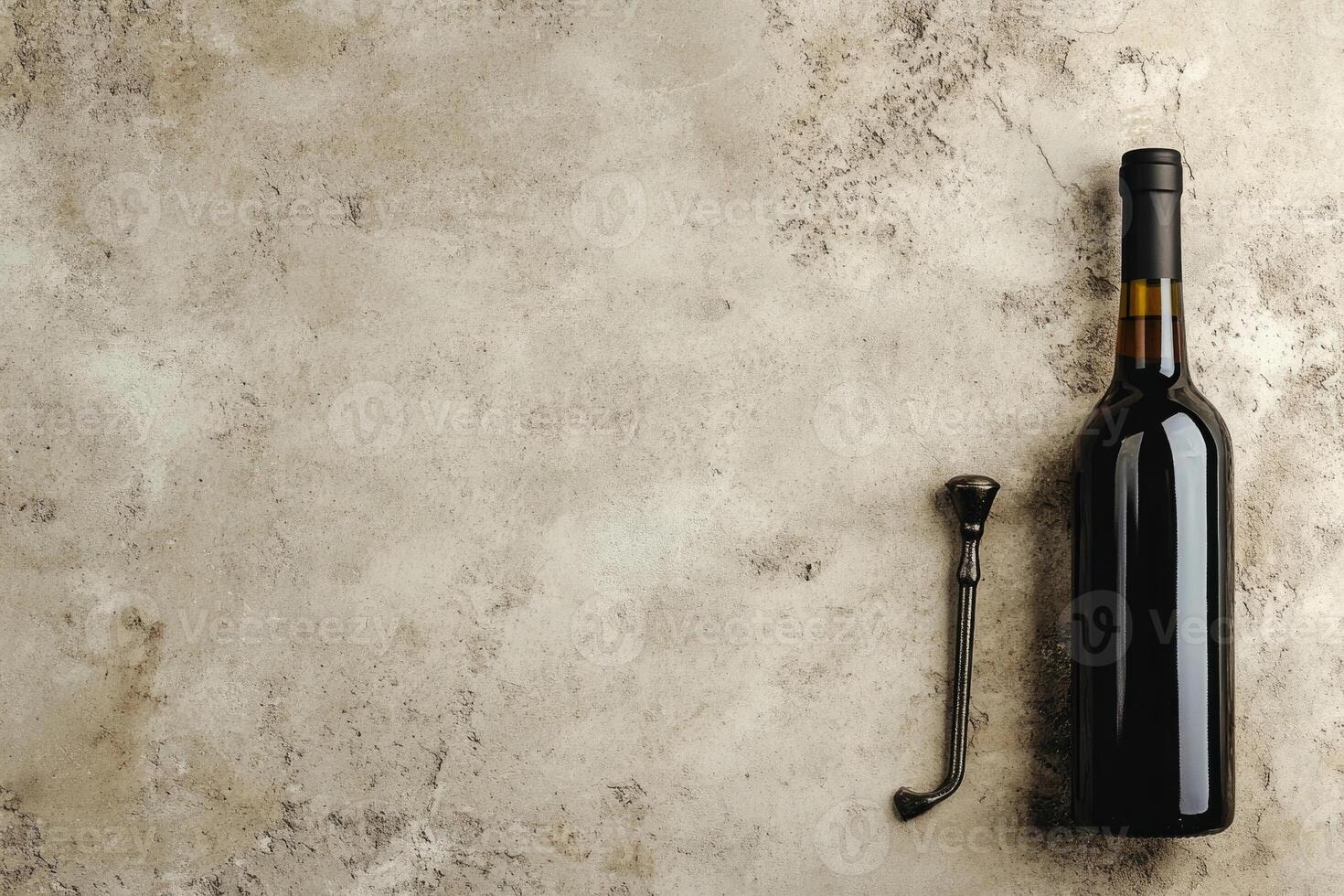 Wine bottle and corkscrew on a textured background with blank space. photo