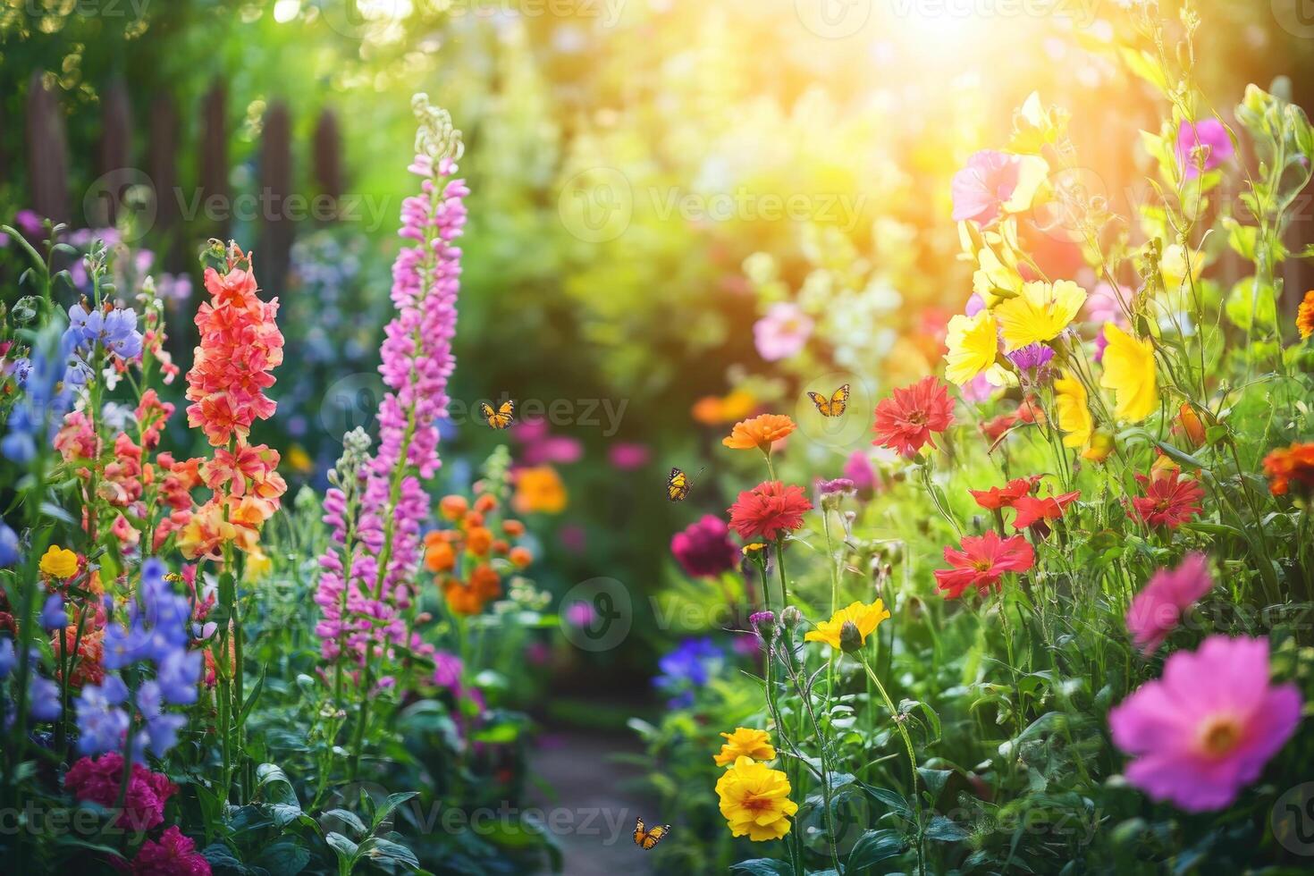 A colorful summer garden brimming with various vibrant flowers. photo