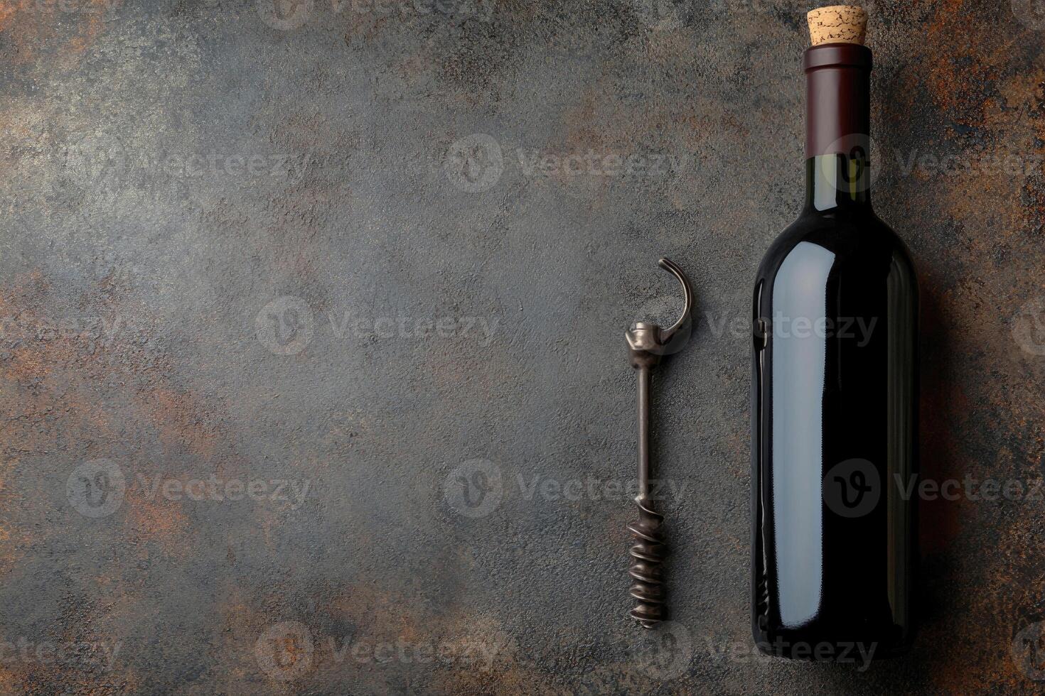 Wine bottle and corkscrew on a textured background with blank space. photo