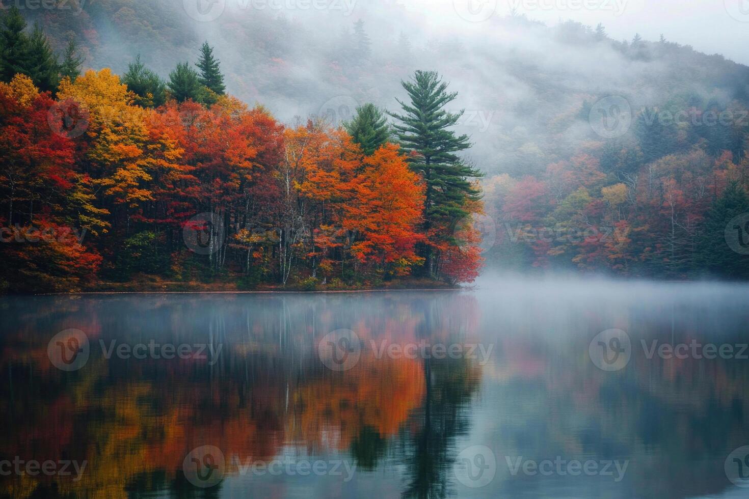 A misty lake surrounded by colorful autumn trees. photo