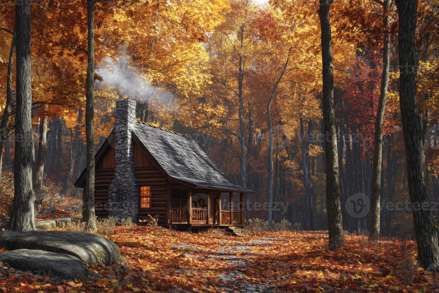 A cozy cabin nestled in the autumn woods. photo