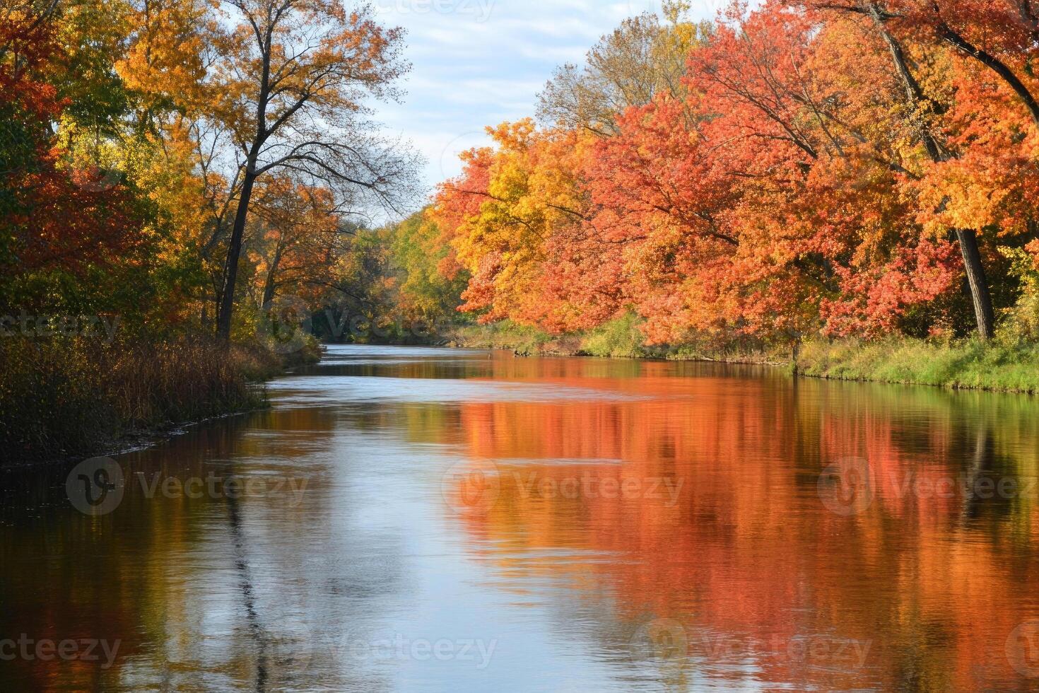 A peaceful riverbank adorned with autumn foliage. photo