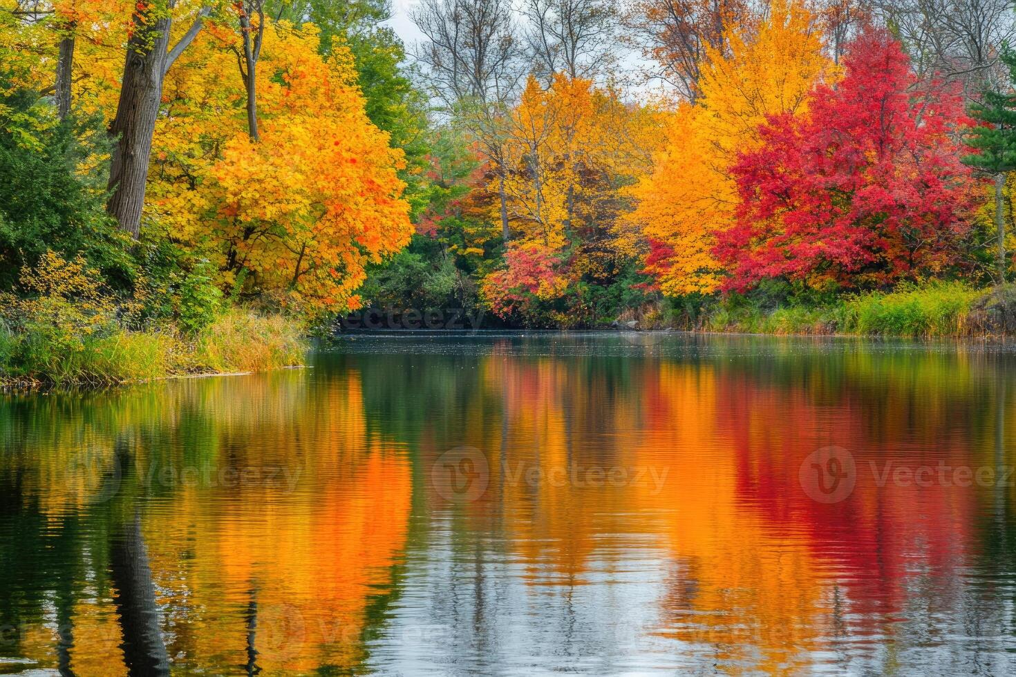 A peaceful riverbank adorned with autumn foliage. photo