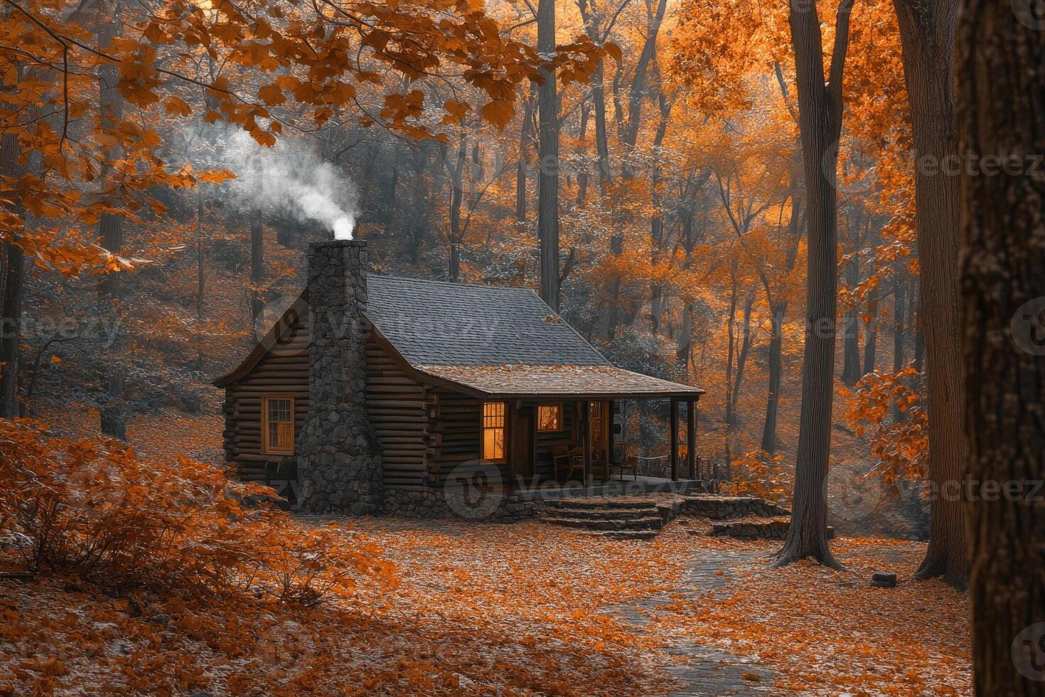 A cozy cabin nestled in the autumn woods. photo