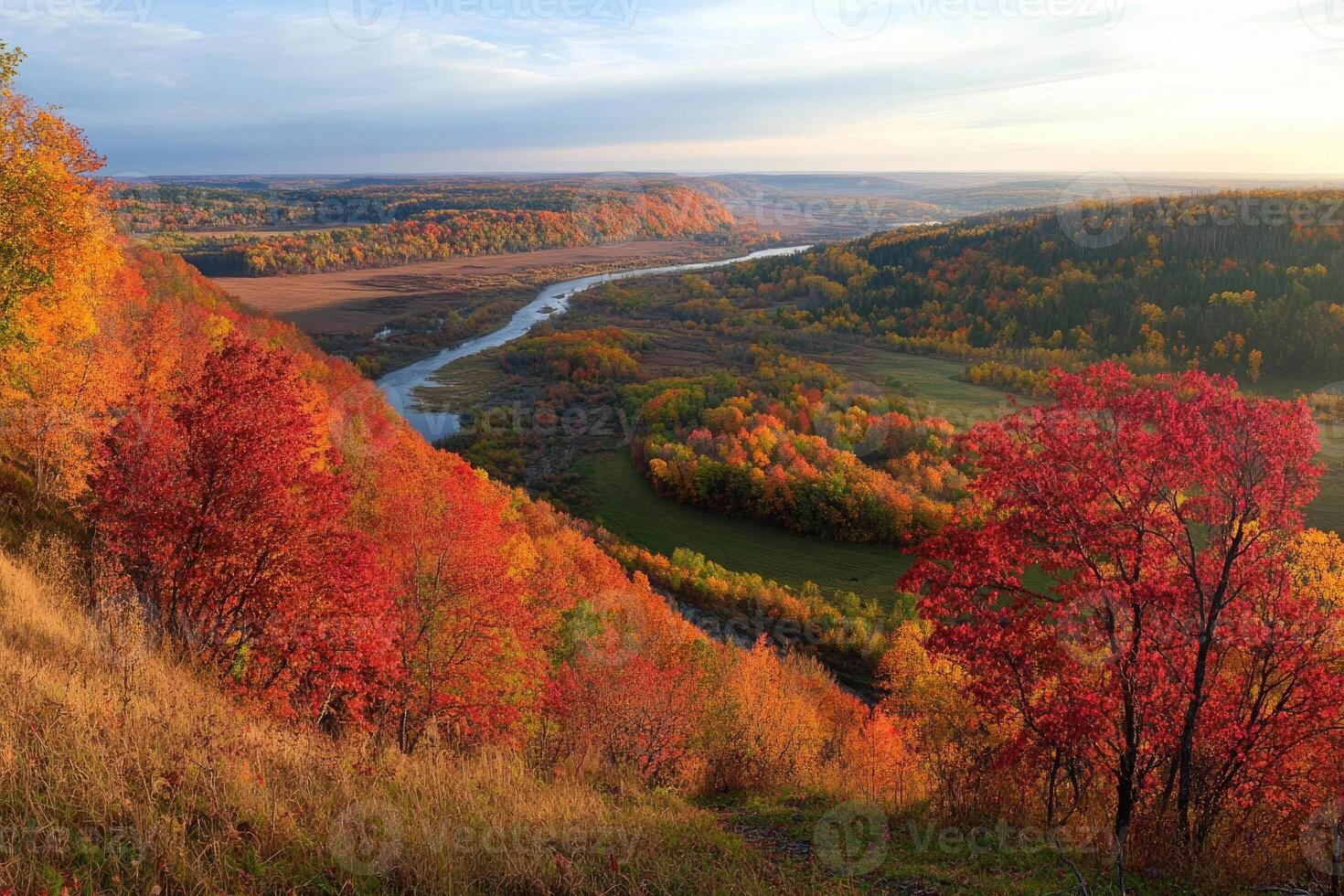 A panoramic view from a hilltop in autumn. photo