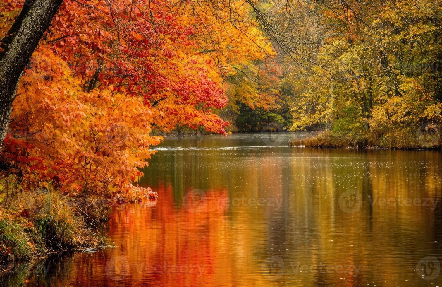 A peaceful riverbank adorned with autumn foliage. photo
