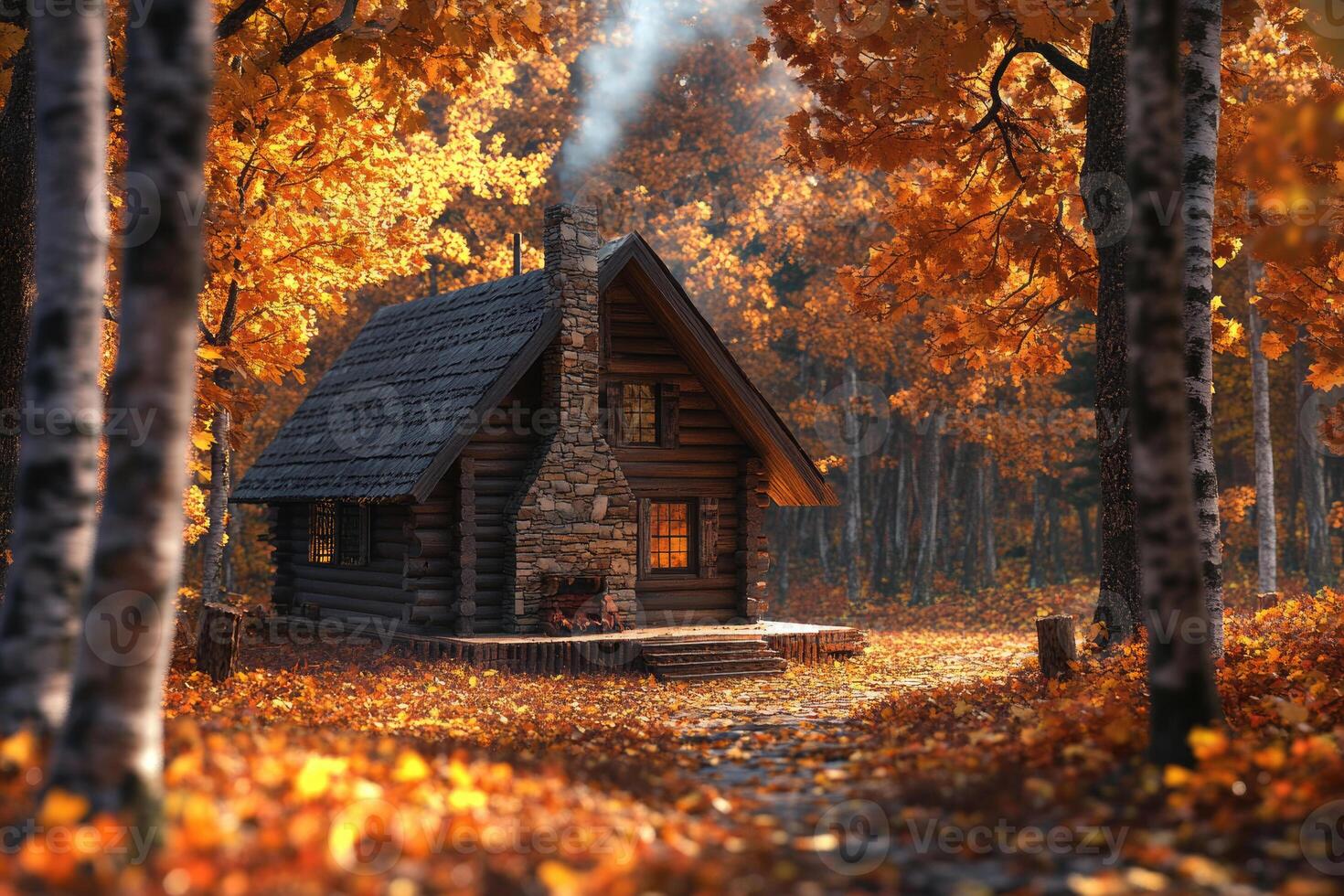 A cozy cabin nestled in the autumn woods. photo