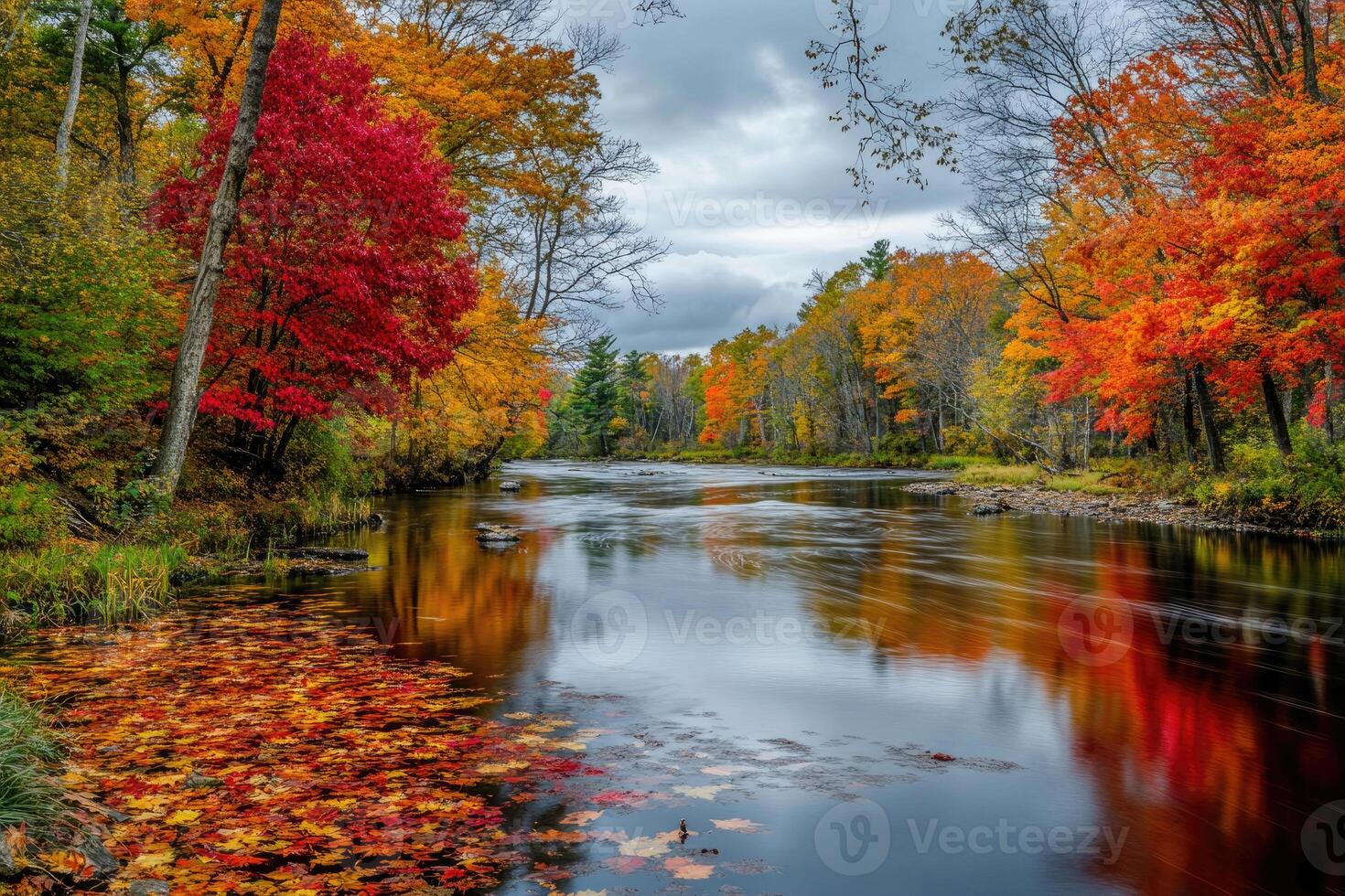 A peaceful riverbank adorned with autumn foliage. photo