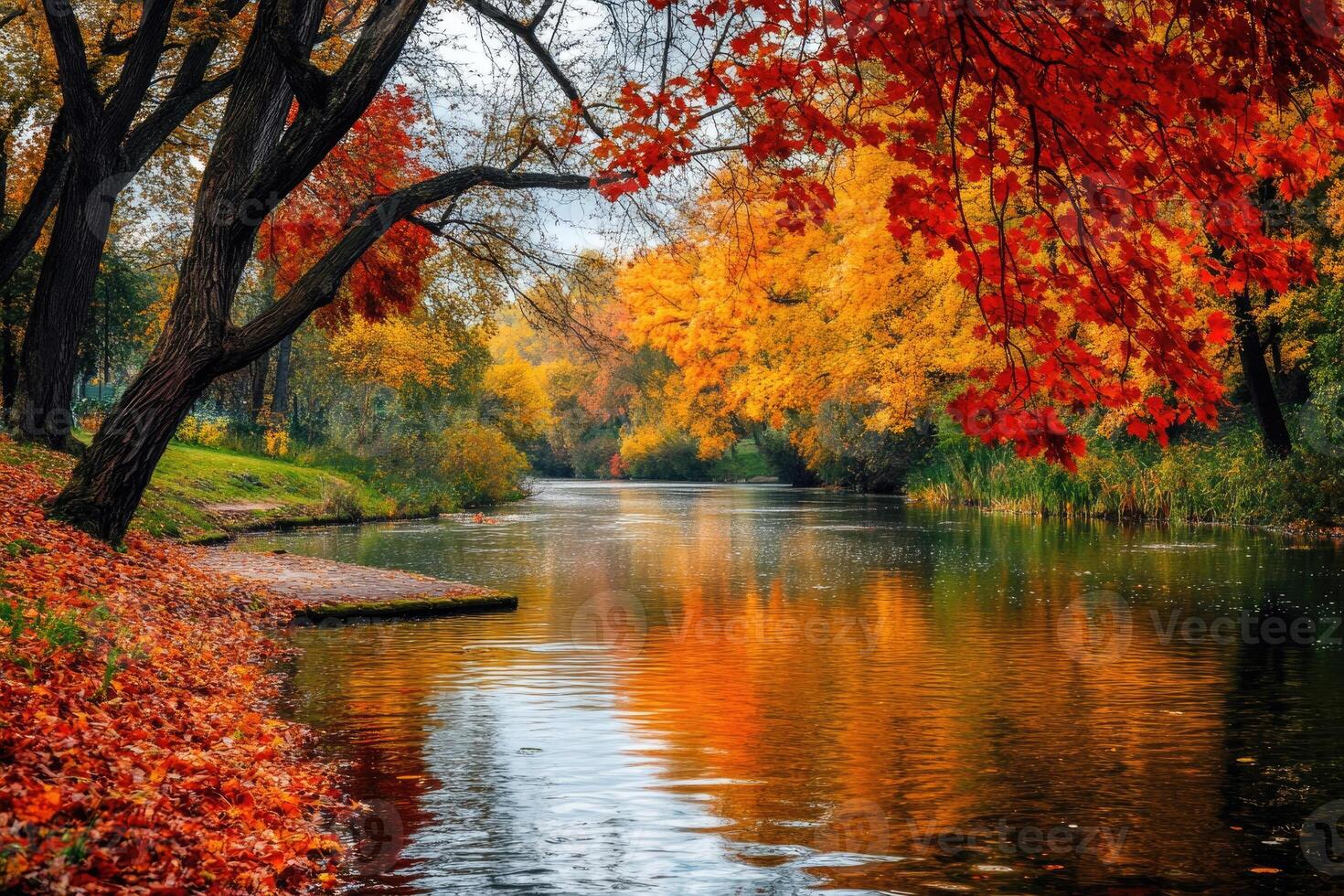 A peaceful riverbank adorned with autumn foliage. photo
