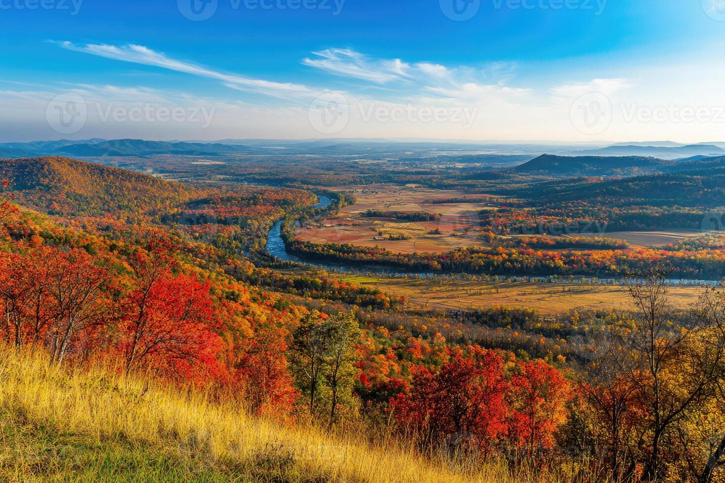 A panoramic view from a hilltop in autumn. photo