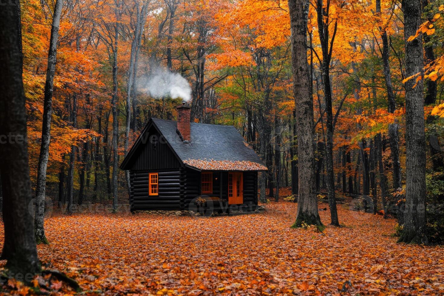 A cozy cabin nestled in the autumn woods. photo