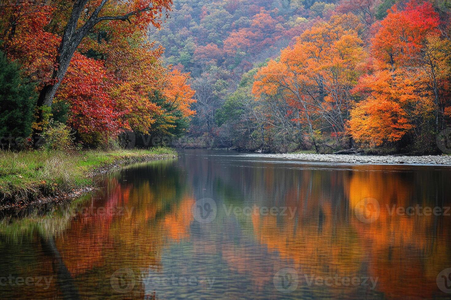 A peaceful riverbank adorned with autumn foliage. photo