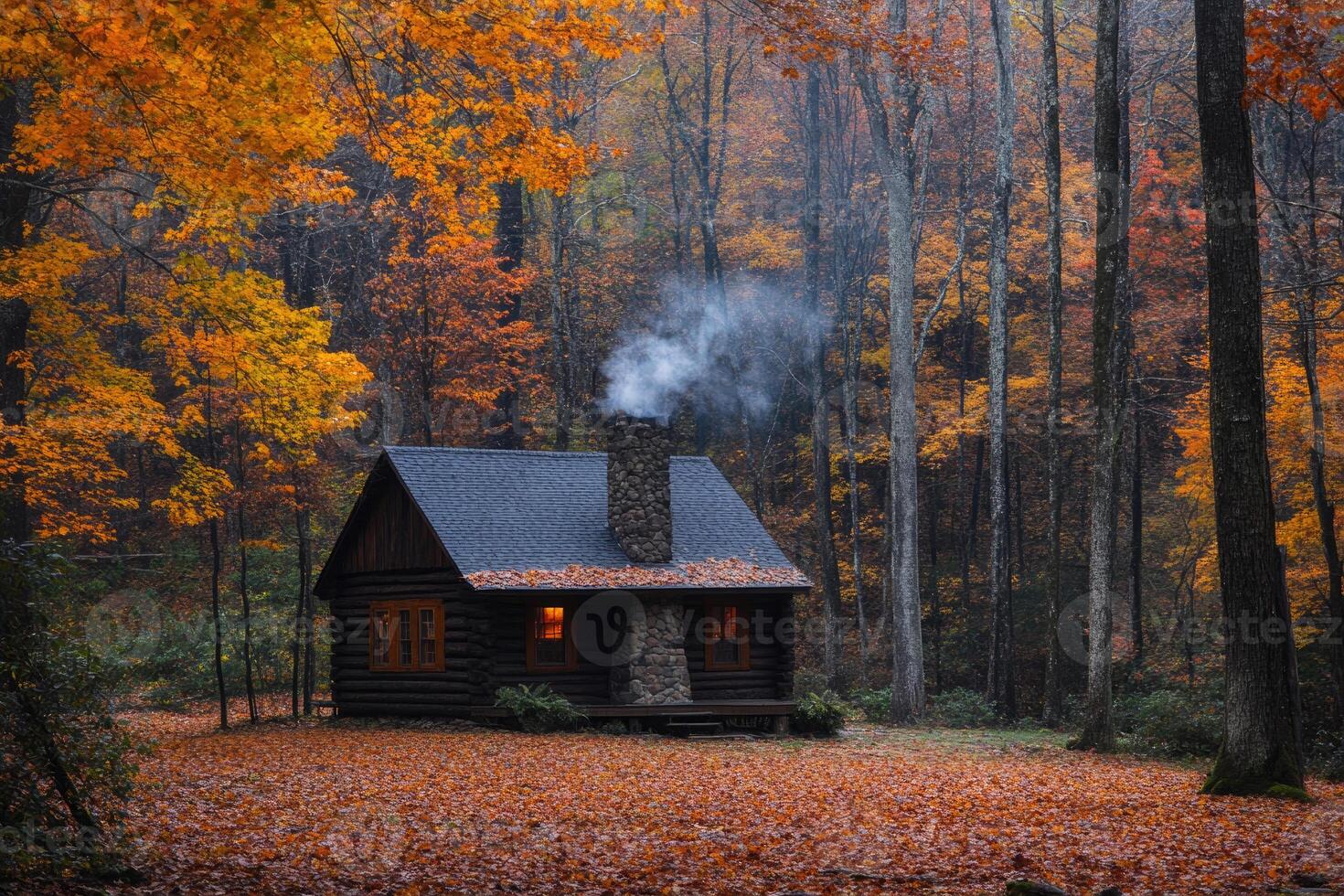 A cozy cabin nestled in the autumn woods. photo