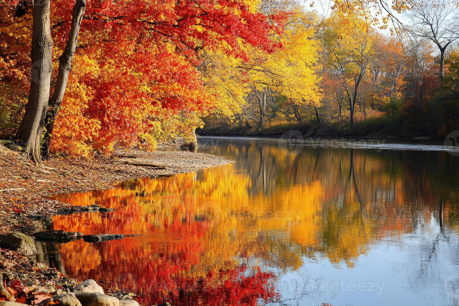 A peaceful riverbank adorned with autumn foliage. photo