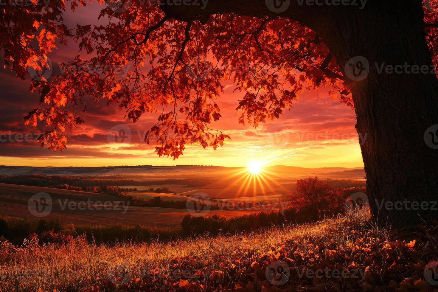 A breathtaking sunset over an autumn landscape. photo
