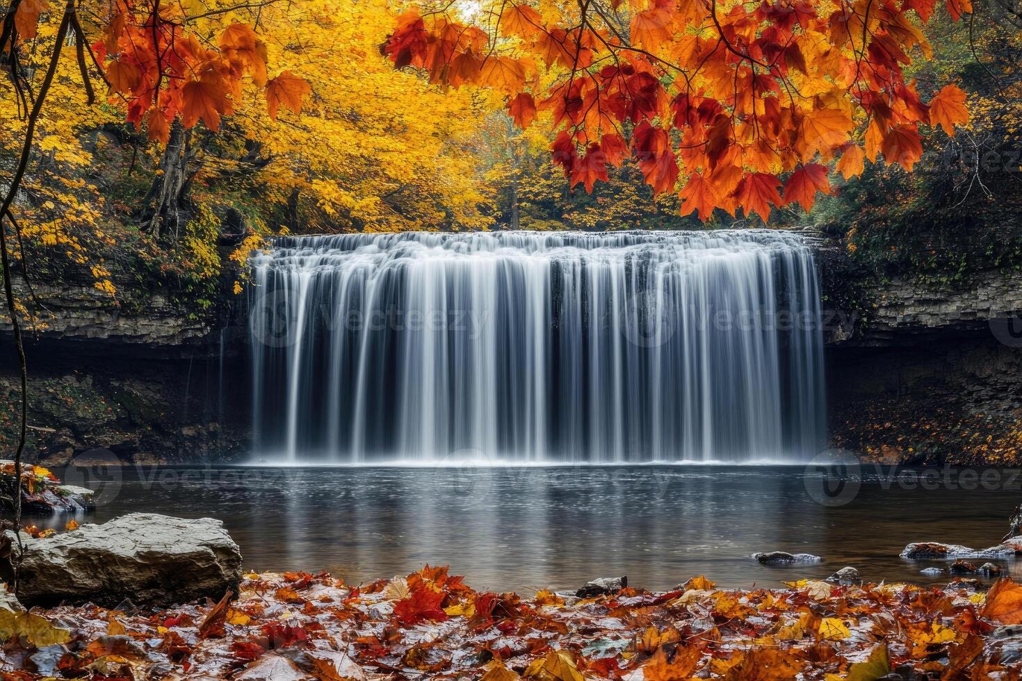 A stunning waterfall framed by autumn foliage. photo