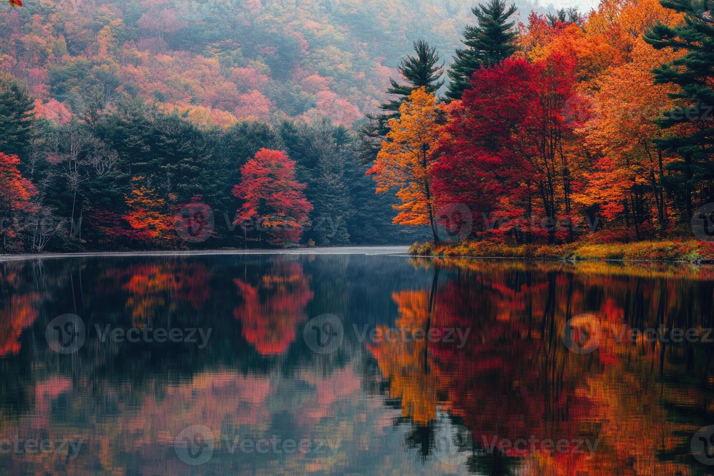 Reflective autumn landscape by a tranquil lake. photo