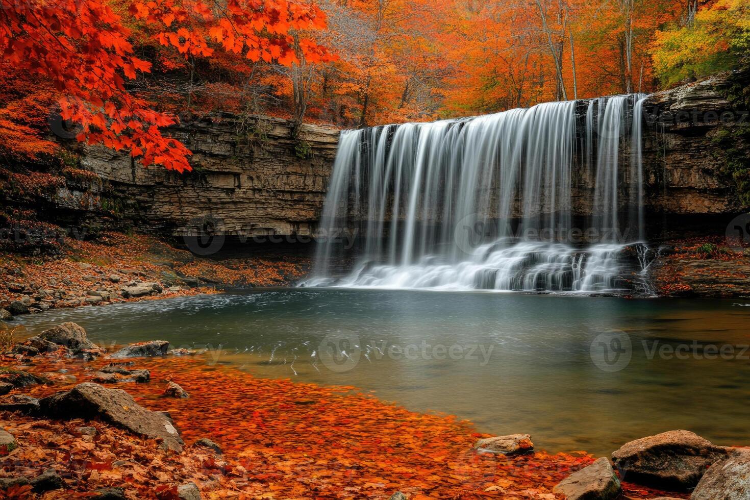 A stunning waterfall framed by autumn foliage. photo