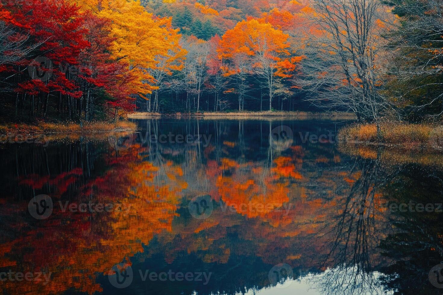 Reflective autumn landscape by a tranquil lake. photo