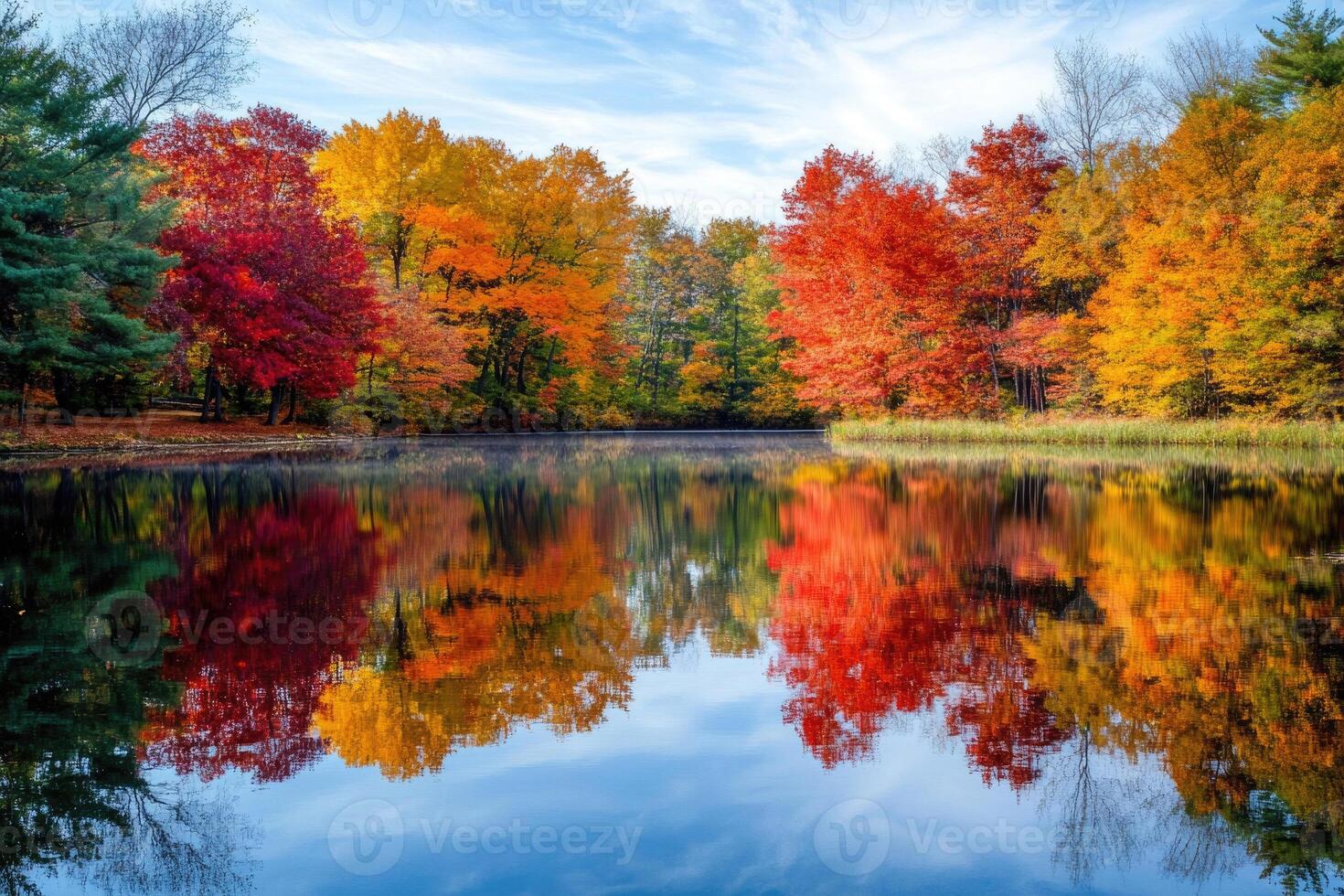 Reflective autumn landscape by a tranquil lake. photo