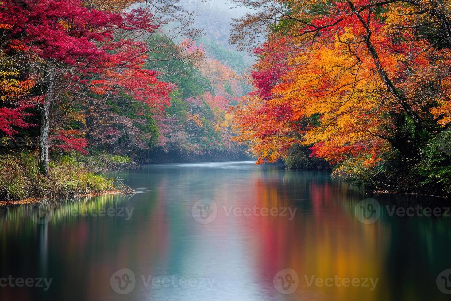 A serene river flowing through autumnal trees. photo