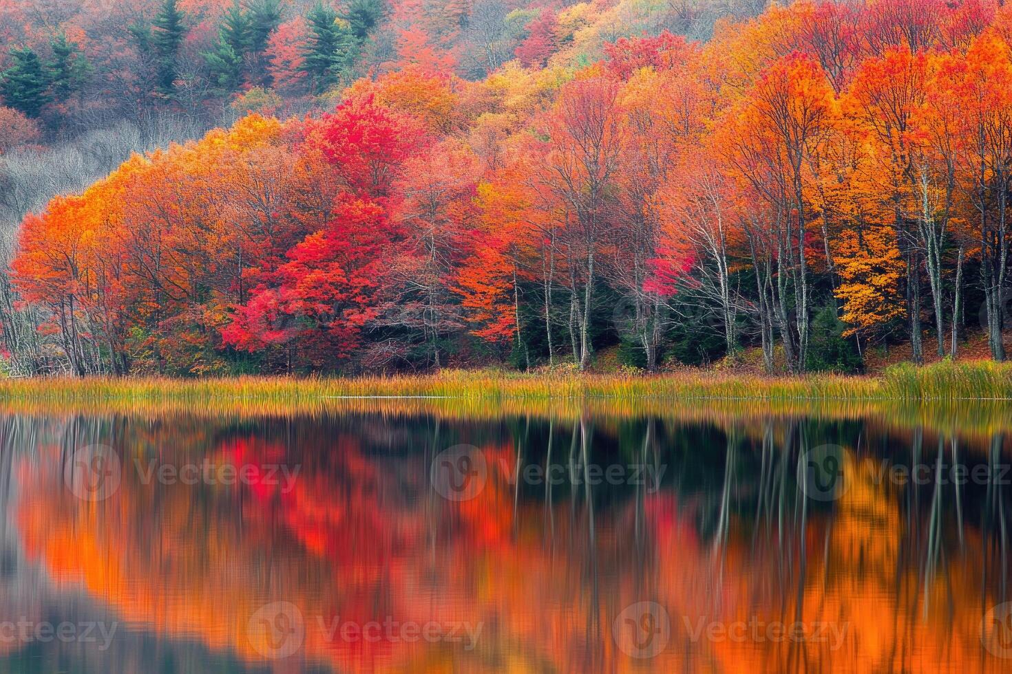Reflective autumn landscape by a tranquil lake. photo