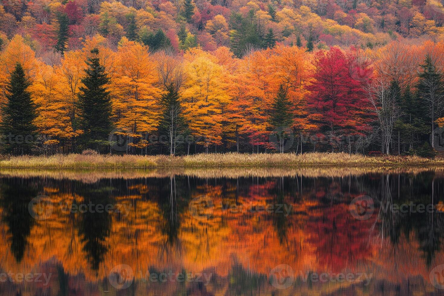 Reflective autumn landscape by a tranquil lake. photo