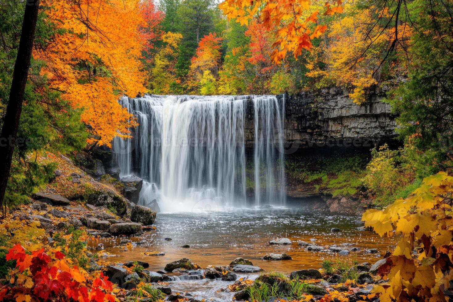 A stunning waterfall framed by autumn foliage. photo