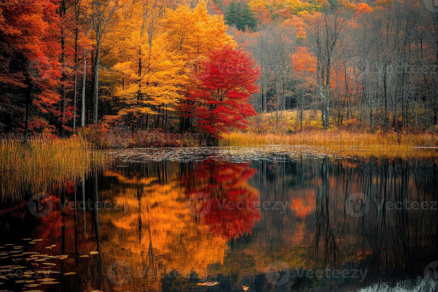 Reflective autumn landscape by a tranquil lake. photo