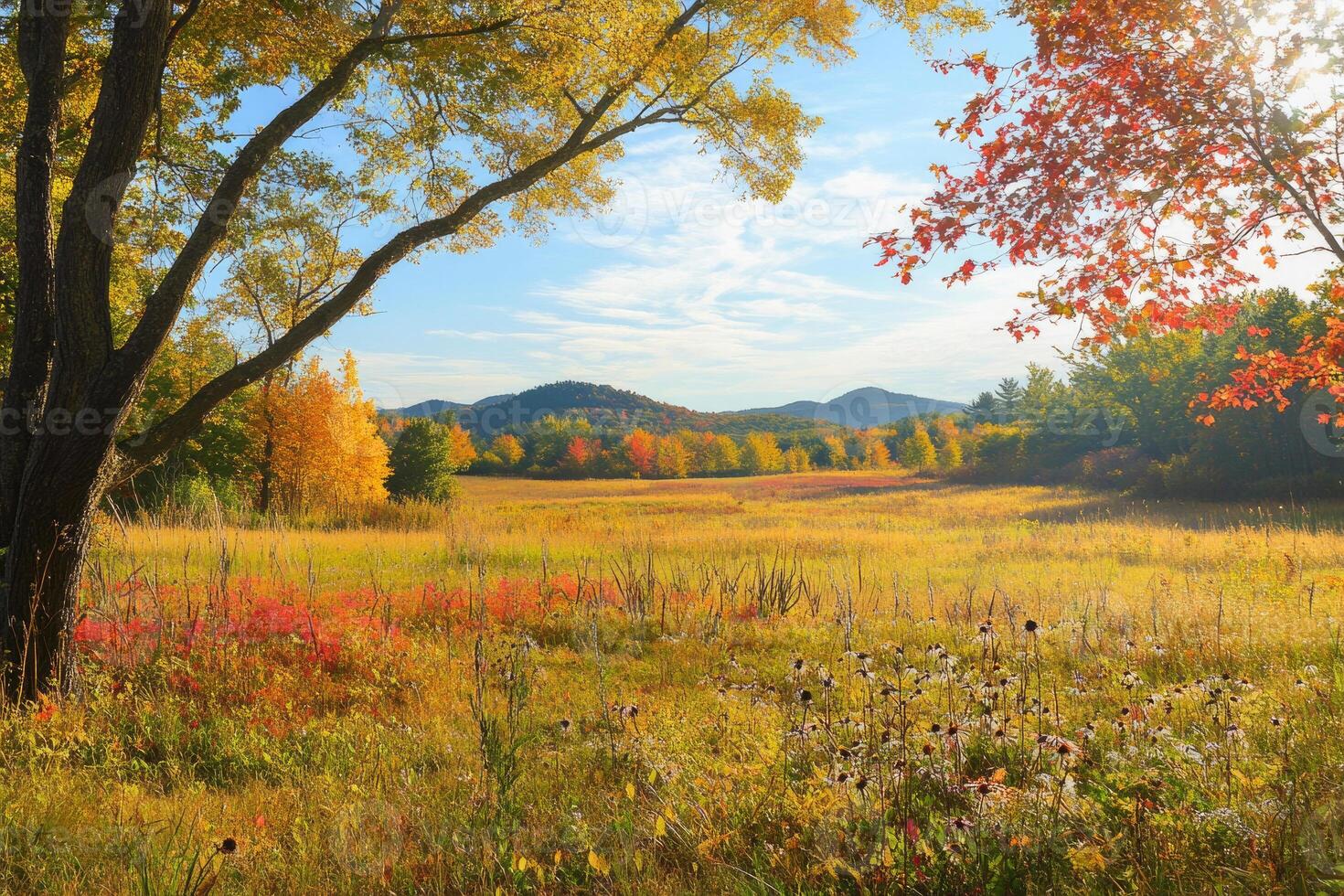 A picturesque meadow with vibrant autumn colors. photo
