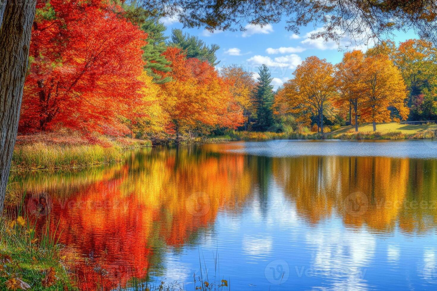 Reflective autumn landscape by a tranquil lake. photo