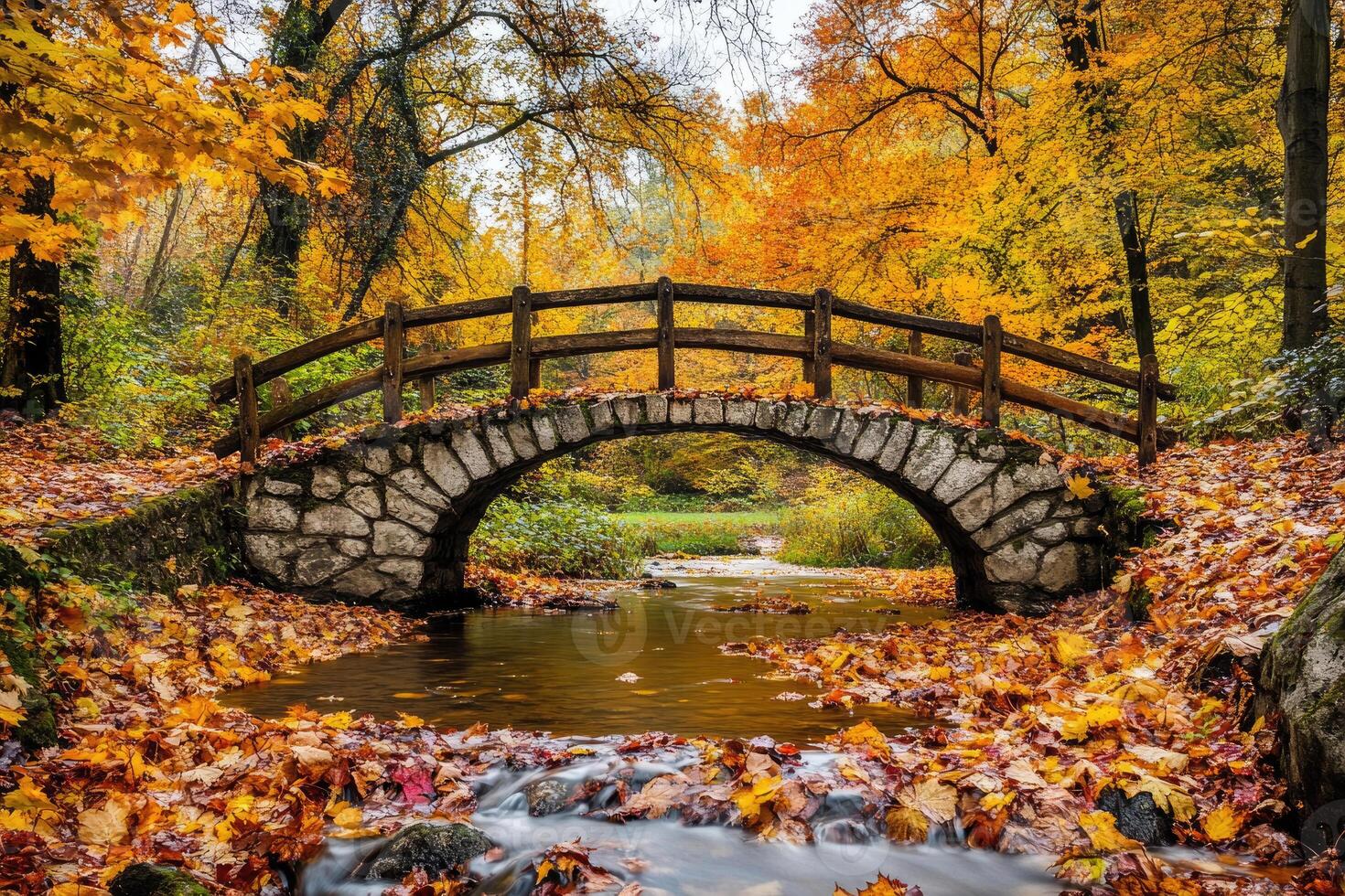 A charming bridge covered in autumn leaves. photo