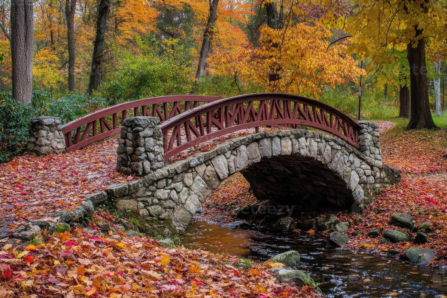 A charming bridge covered in autumn leaves. photo