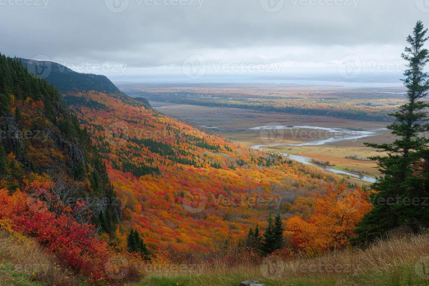 A panoramic view from a hilltop in autumn. photo