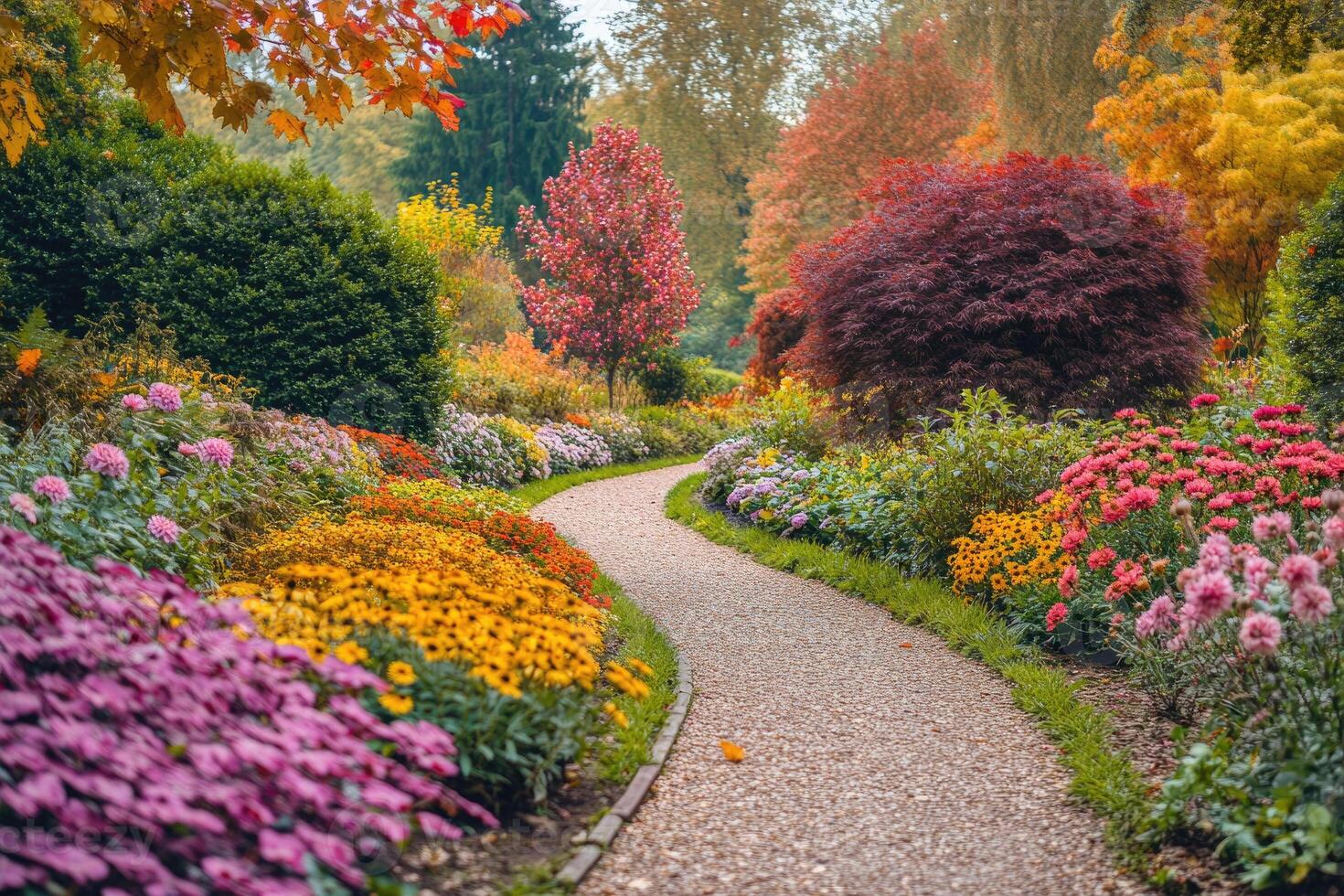 A lush garden full of autumn blooms. photo