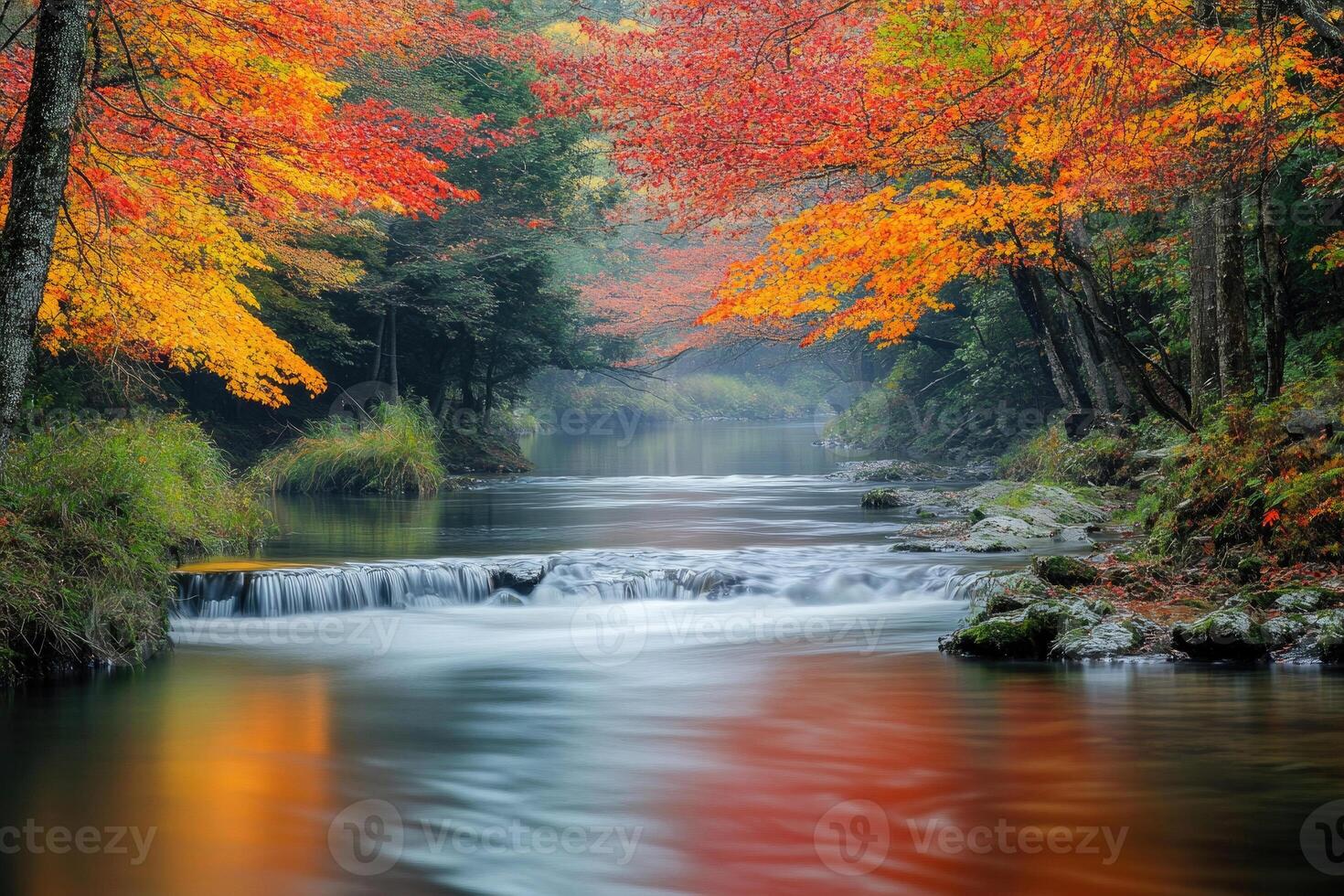 A serene river flowing through autumnal trees. photo