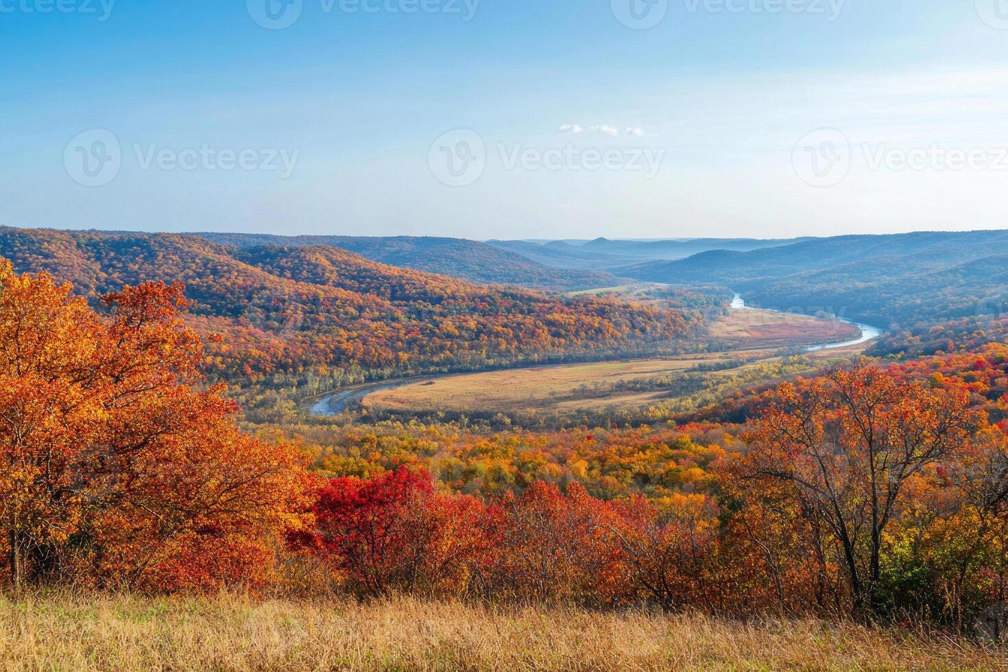 A panoramic view from a hilltop in autumn. photo
