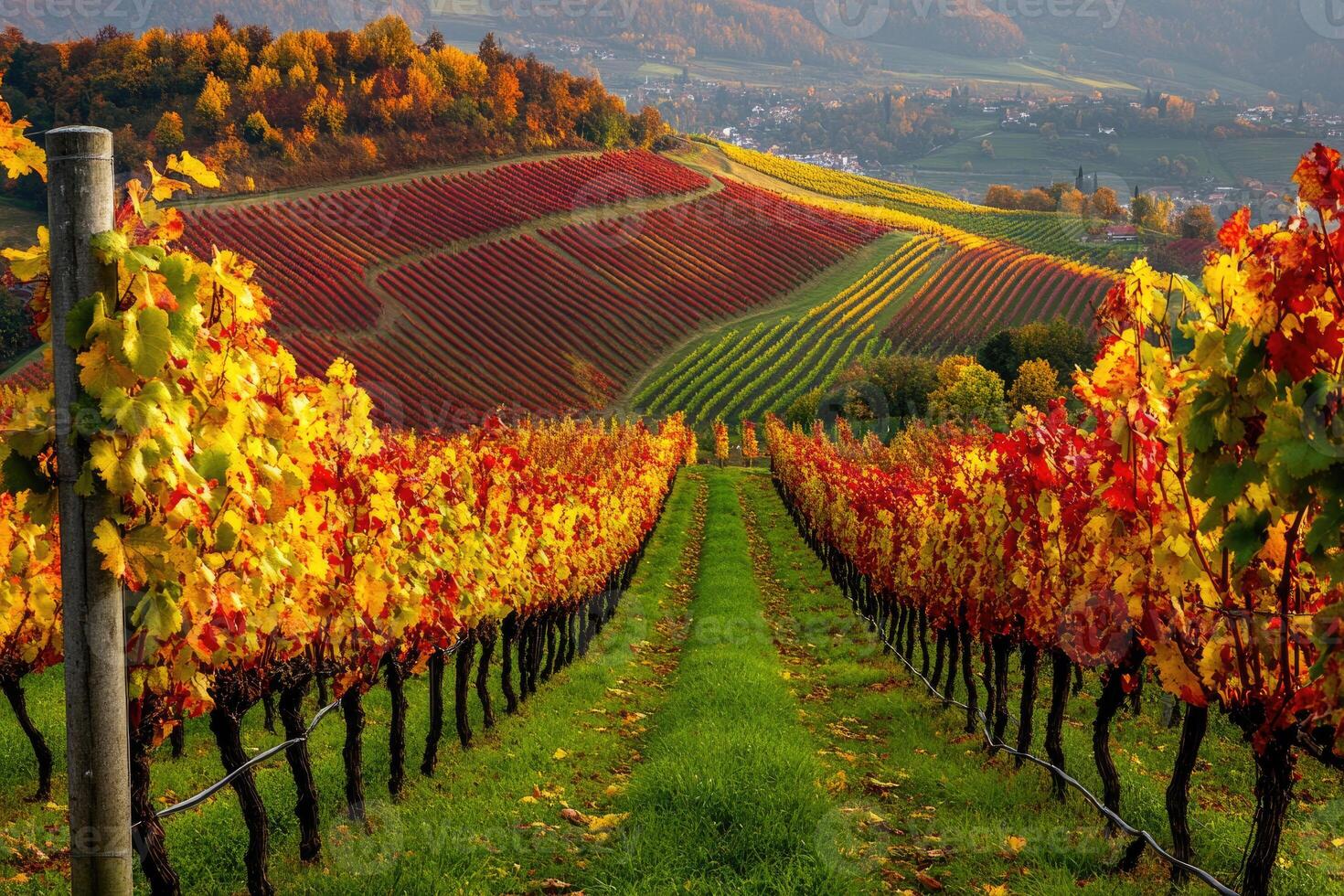 A picturesque vineyard in the autumn season. photo